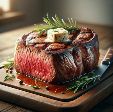 une pièce de viande rôtie sur une planche en bois, disposée avec du romarin